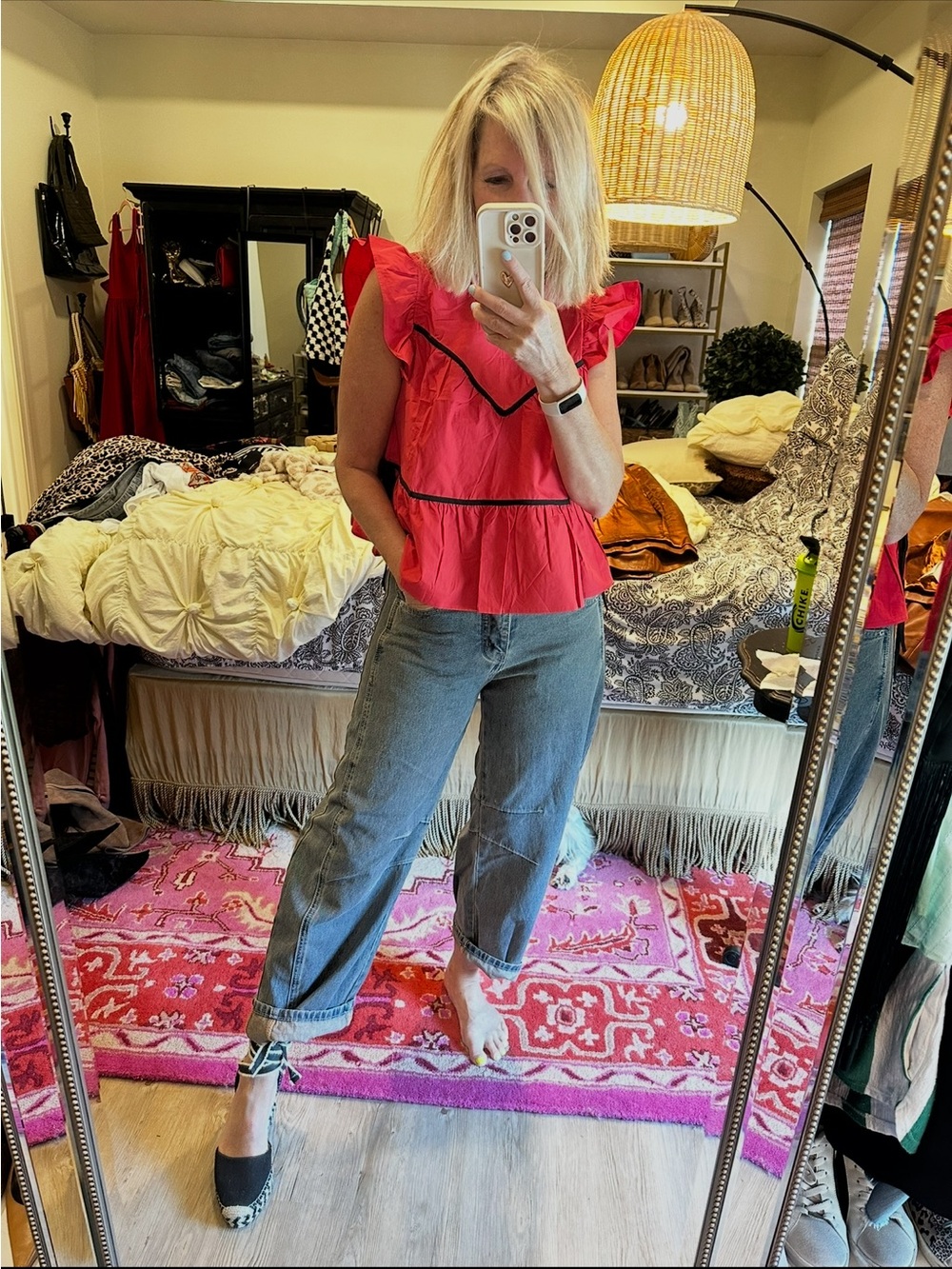 Bright Red Ruffle Sleeve Peplum Top W/ Side Ties